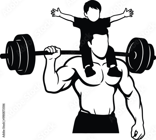 Celebrating fathers day strong dad lifts son on shoulders with a weightlifting bar a symbol of strength