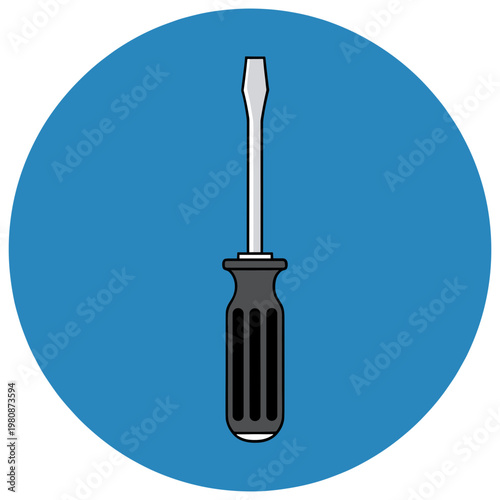 A flathead screwdriver rests on a blue circular background.