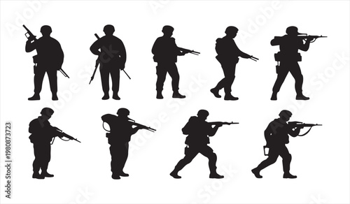 Soldier silhouette set with rifles showing combat and tactical military positions