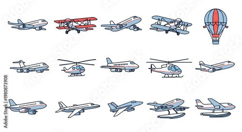 Collection of Hand Drawn Airplanes and Hot Air Balloon.