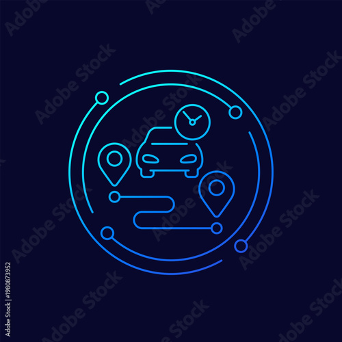ride time icon with car and route, linear design