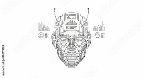 Abstract robotic face with digital circuit patterns and data visualizations