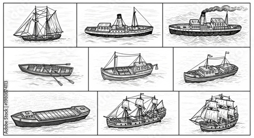 Collection of Vintage Ships and Boats in Black and White Illustration.