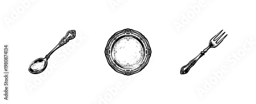 Antique Silver Cutlery and Vintage Tableware Essentials with Hand-Drawn Engraving Style and Ornate Decorative Details