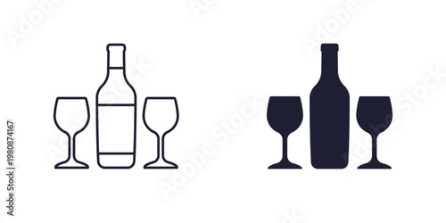 wine bottle and two glasses icons, line and solid design