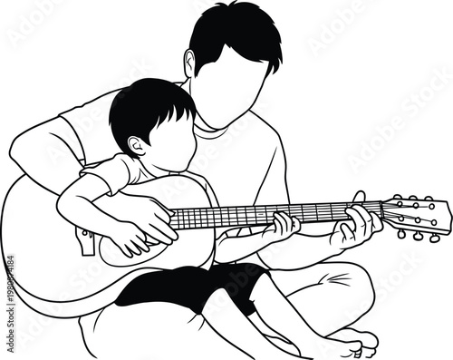 Heartwarming fathers day illustration dad and son sharing a special musical moment with guitar