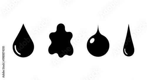 Water drops and splashes icon set with different droplet shapes, smooth vector style for hygiene and cleaning themes