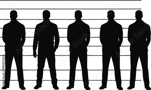 Lineup silhouette of five standing men against height measurement wall, criminal identification concept, police mugshot lineup, investigation and suspect identification illustration