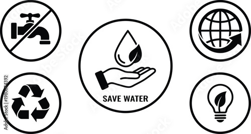 Eco and save water icons set with recycling, water conservation, global sustainability and energy symbols ideal for environmental awareness and green design