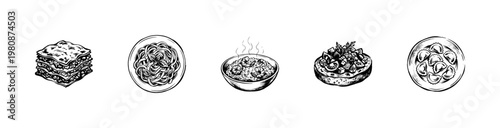 Italian Cuisine and Mediterranean Food Dishes with Hand-Drawn Inky Doodle and Organic Sketchy Textures