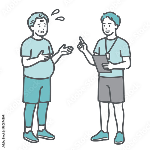 困り顔で男性トレーナーに相談をするぽっちゃり体型のシニア男性のイラスト