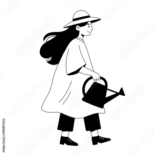 Young Woman Gardener Walking With Watering Can Wearing Straw Hat And Loose Coat Illustration