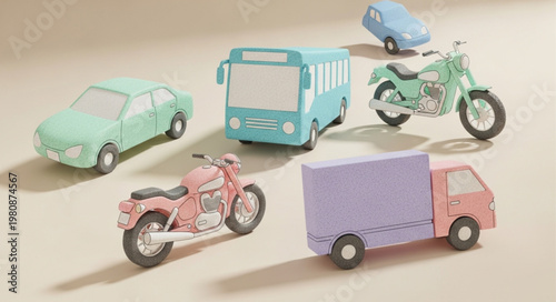 Collection of colorful toy vehicles including cars and motorcycles.