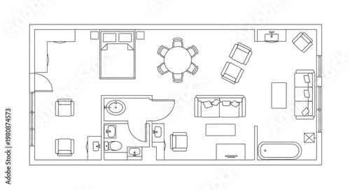 Architectural floor plan drawing of a modern apartment layout.