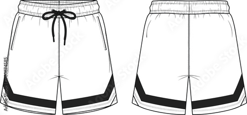 Men athletic shorts vector template front and back view with drawstring waistband sportswear training shorts apparel technical illustration design