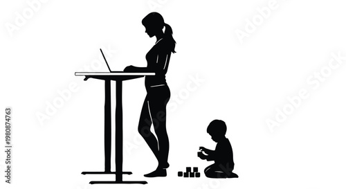 Silhouette of busy working mom entrepreneur using laptop computer while standing at desk with child playing blocks nearby, home office workspace, modern lifestyle, multitasking, parenting, woman, a...