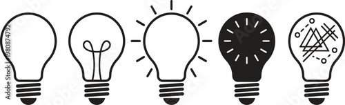 Black and white light bulb icons in different states