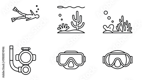 Dive into Adventure: A collection of illustrative elements capturing the essence of underwater exploration. Showcasing divers and diving gear.