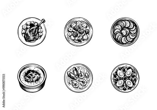 French Cuisine and Traditional Gourmet Dishes with Hand-Drawn Inky Brush Strokes and Expressive Sketchy Lines
