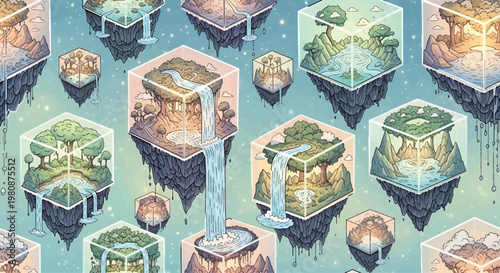 Floating islands appear within transparent geometric cubes that contain lush green forests and flowing waterfalls against a soft background.