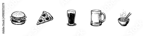 Fast Food and Popular Beverages Set with Hand-Drawn Sketchy Textures and Fluid Engraving Style