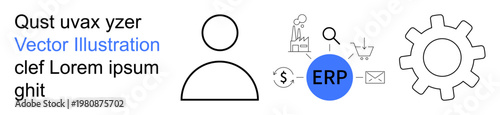 Business processes, ERP systems, workflow management, industrial solutions, digital tools, and data analysis. Minimal icons showing ERP systems and workflow tools. ERP systems and business processes
