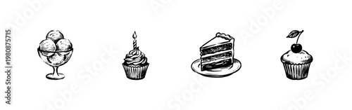 Sweet Dessert and Birthday Bakery Elements with Hand-Drawn Inky Brush Strokes and Organic Calligraphic Lines