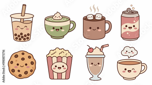 Kawaii Drinks and Snacks Characters Cute Boba Tea Coffee Cookie Vector