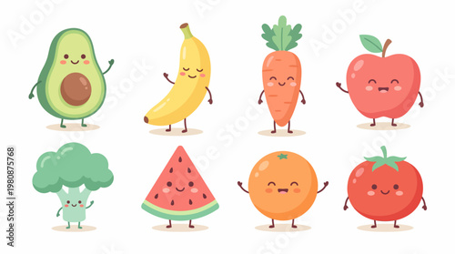 Cute Cartoon Fruit and Veggie Collection Kawaii Style Healthy Lifestyle