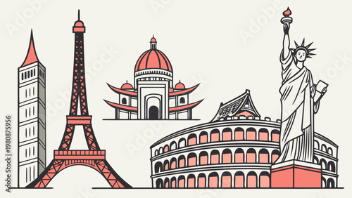 Landmarks featuring global architecture are depicted in a minimalist flat vector illustration style with a clean aesthetic.