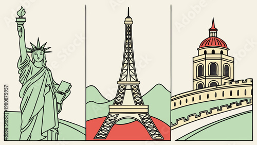 Landmarks featuring the Statue of Liberty, Eiffel Tower, and a historic dome are presented in a triptych architectural design.