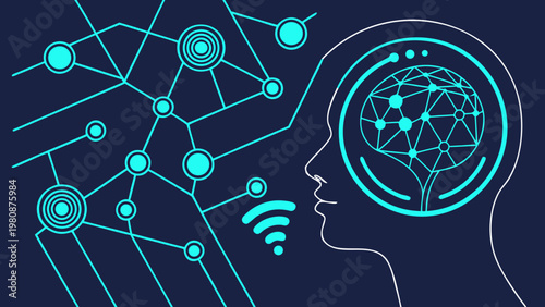 Human profile silhouette features a glowing geometric brain connected to a complex digital network.
