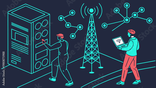 Technicians manage a server rack and network tower within a stylized digital infrastructure workspace.