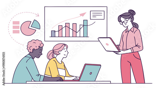 Colleagues collaborating at a desk analyze digital charts and trends to develop a new business strategy.
