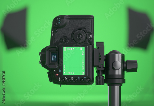 Close-up of a DSLR camera display in a chroma key studio. Vertical version. 3D render.