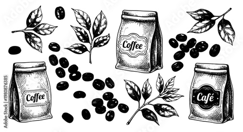 Coffee beans and coffee bag icons with leaves, branches, and hand-drawn doodles for cafe branding and menu design