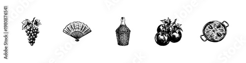 Spanish Culture and Traditional Mediterranean Food Elements with Hand-Drawn Inky Doodle and Fluid Calligraphic Style