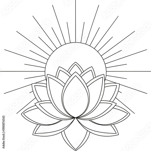 Elegant lotus flower sketch with sunburst and horizon line