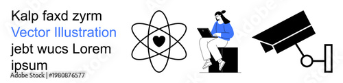 Technology, surveillance, online privacy, data sharing, digital security, remote work. Atomic symbol, laptop user and camera graphic. Digital security and online privacy concept