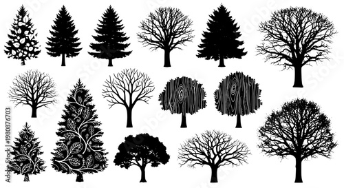 Trees set with various styles and shapes in black and white featuring nature, forest, illustration with design and vector elements for art, plants