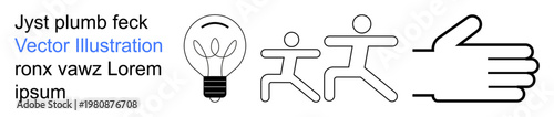 Creativity, teamwork, communication, fitness, action, feedback. Minimalist line art with a light bulb, two running figures and a hand gesture. Creativity and teamwork concept