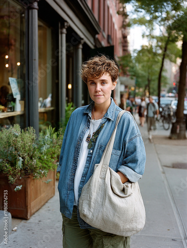 Young woman with curly hair and denim shirt standing on a city sidewalk
