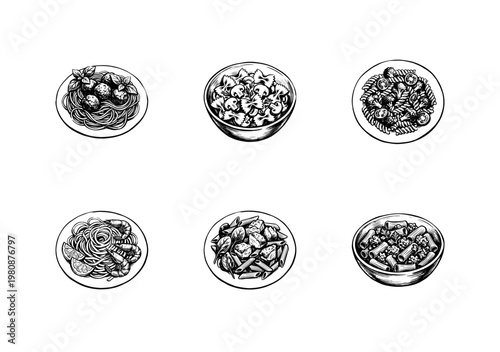 Italian Pasta Dishes and Gourmet Cuisine Elements with Hand-Drawn Inky Doodle and Organic Calligraphic Textures