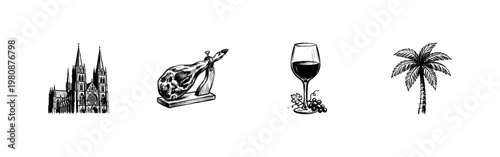 Barcelona Travel and Spanish Culture Elements with Inky Brush Strokes and Hand-Drawn Sketchy Aesthetic