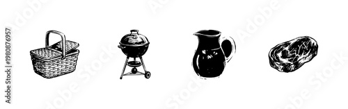 Outdoor Picnic and Summer Barbecue Essentials with Fluid Engraving Style and Hand-Drawn Sketchy Style