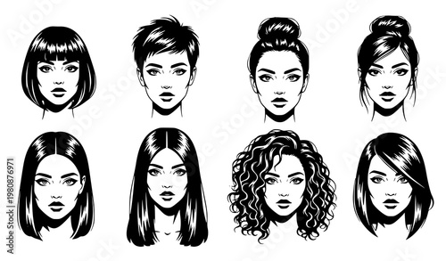 Female face stencil vector clipart black and white portrait set