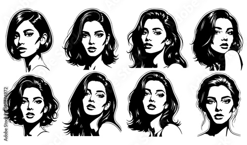 Pretty women faces stencil vector set black and white female portraits