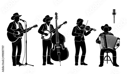 Country music band silhouette vector set acoustic folk musicians clipart