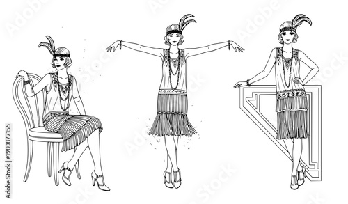 1920s flapper girls vector set black and white ink style illustration