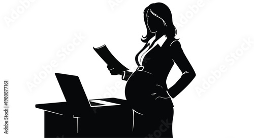 Pregnant businesswoman working on laptop computer at desk in office while reading documents, silhouette illustration